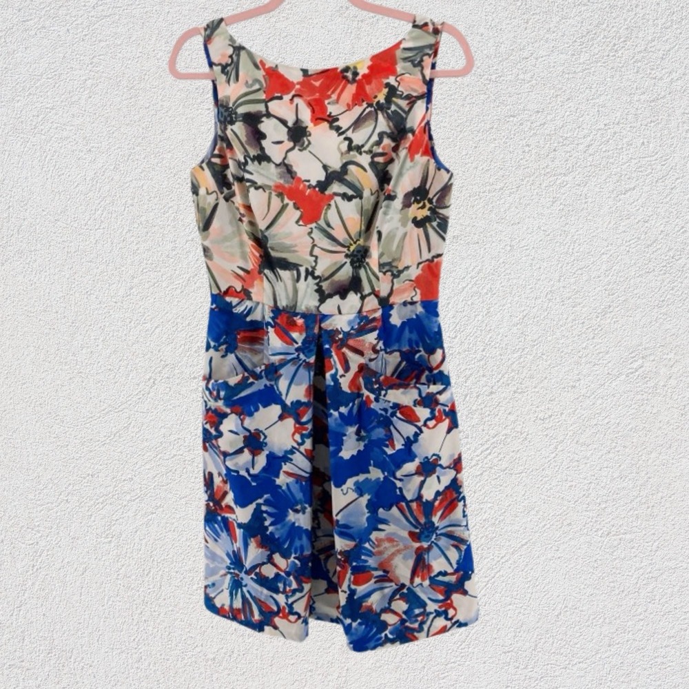 Donna Morgan Floral Fit and Flare Dress Blue Red Size 4 Pocketed Sleeveless